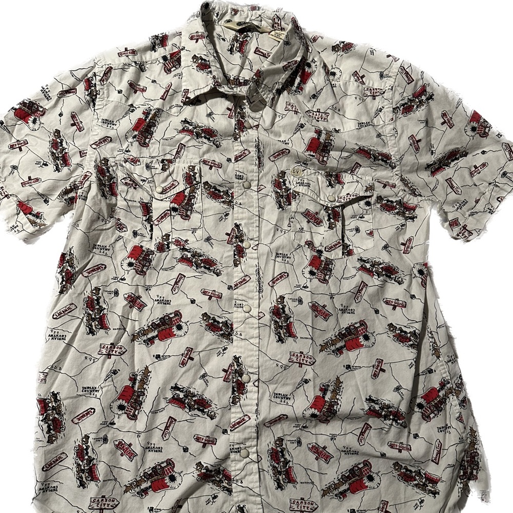 Western Button Up Collar Shirt Men’s Large White Carson City wagons horses